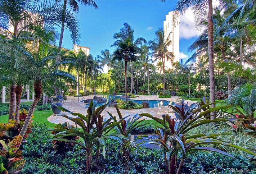 Surrounded by the beautiful tropical gardens.