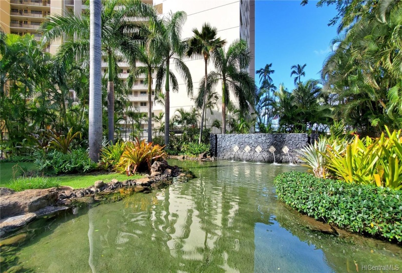 Soothing and tranquil pond with water feature to relax.