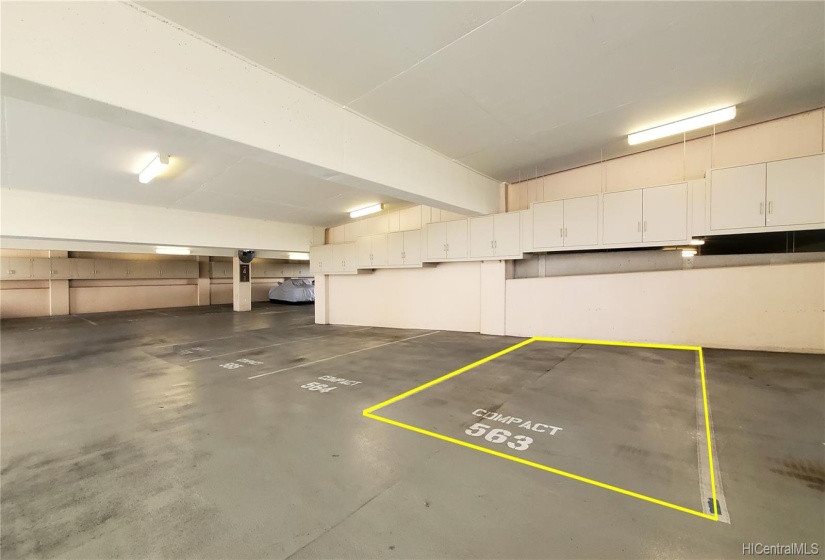 One of two assigned parking stall on the 4th floor with Storage cabinets. It's a compact stall, but feels like a standard size stall. Other stall is on the ground floor.