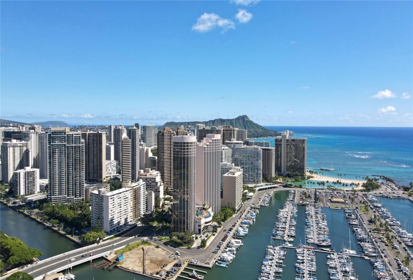 Aerial view of the area. You can see Hawaii Prince Waikiki Hotel, Ilikai Hotel, Hilton Hawaiian Village, Sheraton Waikiki Hotels and Diamond Head!!