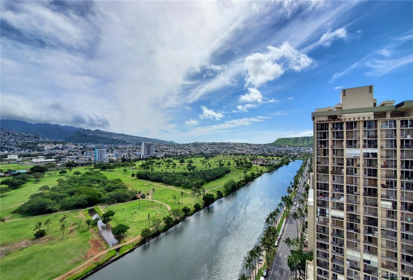 Roof top lanai view of the Ala Wai canal and golf course