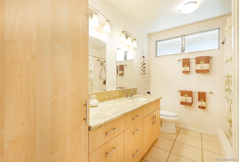 Master bath has walk-in shower and generous built-in storage