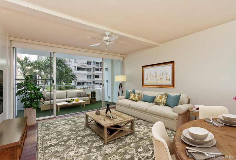 A great idea of what the dining, living and lanai would look like on the 3rd floor with the swaying palm trees in. your view. This photo has been virtually staged.