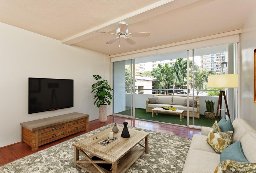 This living room with roll down shades and access to a spacious lanai. This photo has been virtually staged.