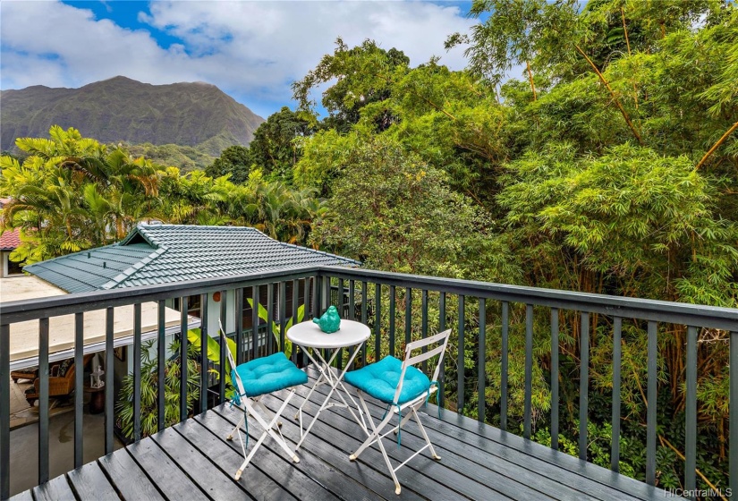 Deck of Master Bedroom with views of the Koolau mountains, Mt. Olomana and the hidden Oma'o Stream