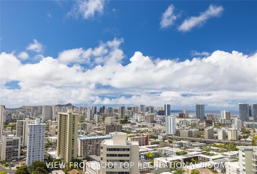 Diamond Head, city and ocean views from the spacious rooftop recreation deck.  The entire penthouse is available to the residents of 1001 Wilder Ave.  Penthouse has a large lanai, full kitchen, bathrooms and party room.