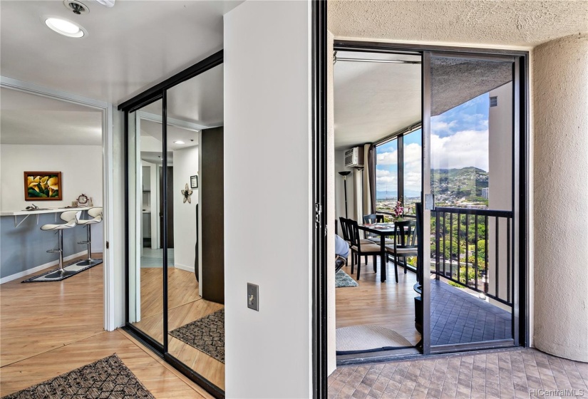 You can see mirrored closet in the hallway to the kitchen and entry to the lanai from the bedroom as well