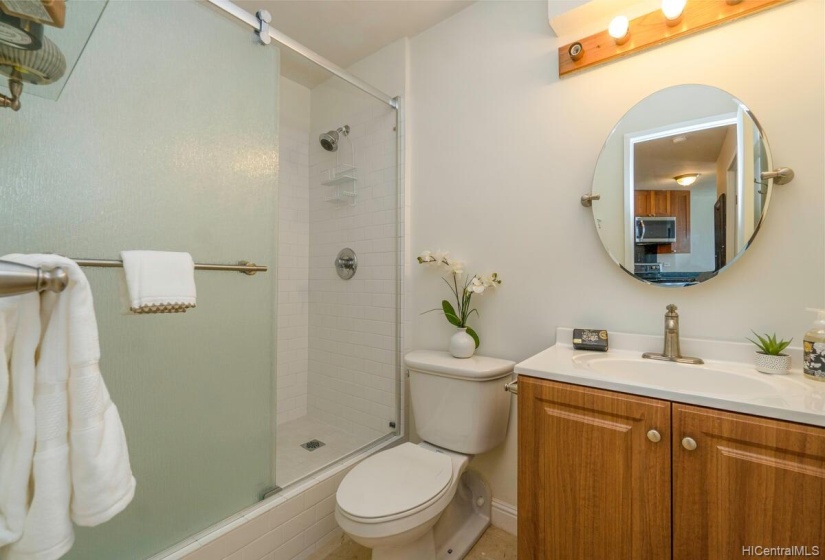 Bathroom with large shower