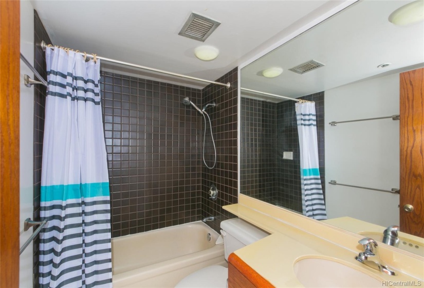 Hall bathroom with tub and shower.