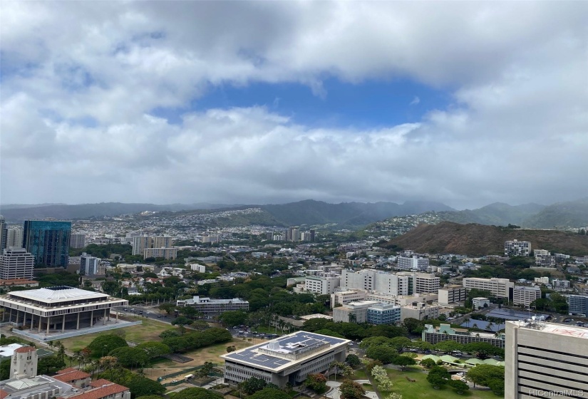 A tranquil view of the mountains and the city.