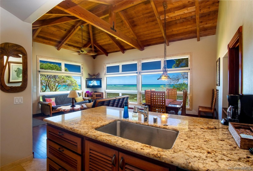 Main house kitchen sink and living room.