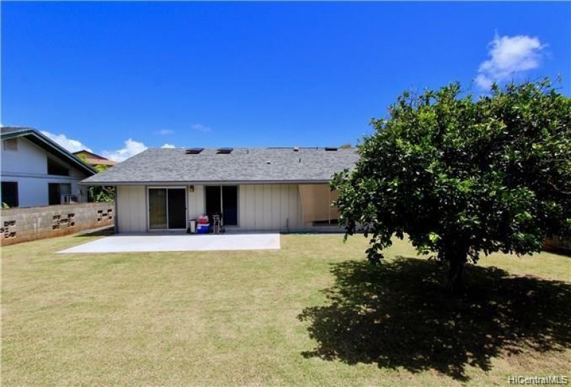 Large backyard with orange tree, patio and storage shed