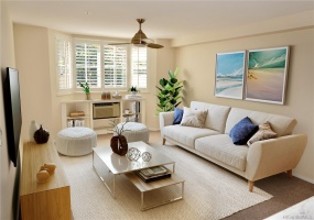 Spacious LivingRoom with window facing greenery-virtually staged.