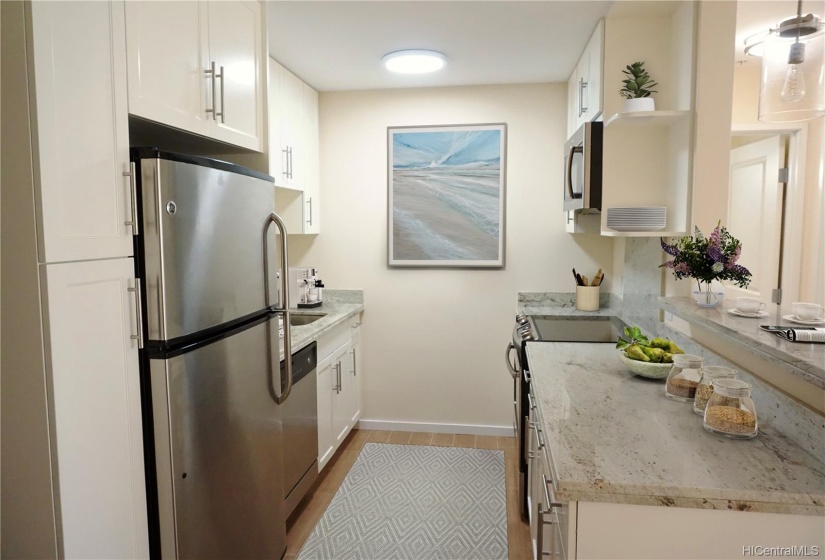 Bright open kitchen with efficient pass through-virtually staged.