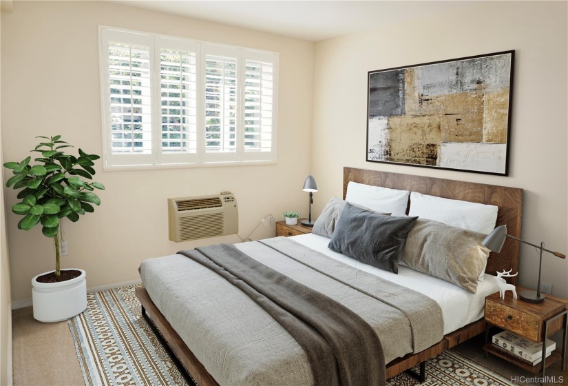 Natural light from large window makes this a pleasant bedroom-virtually staged.