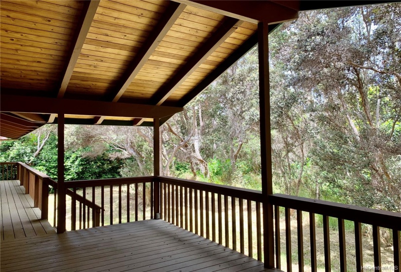 The covered deck has a high ceiling to let in the light.