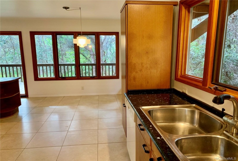 The kitchen has a double sink and lots of windows onto the forest views.