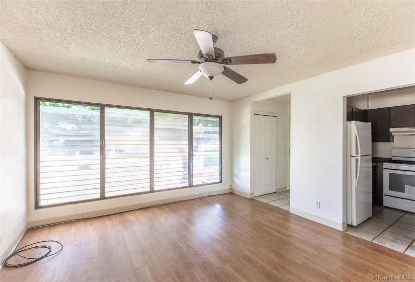 Living Room looking toward front door + Kitchen.