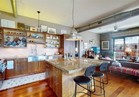 Kitchen and dining area with island.