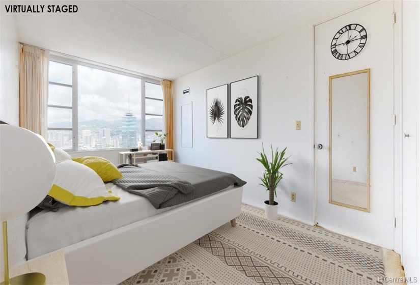 Virtually staged photo.  Large bedroom with AC and great city and mountain views.