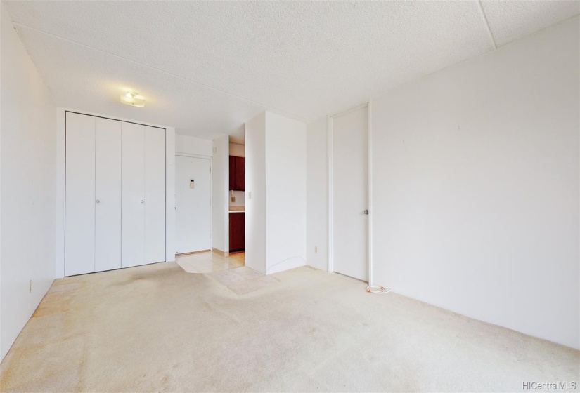 Looking from Lanai to unit door in the center of the photo.  Large closet to the left of the unit door, kitchen just to the right of the unit door, and bedroom door to the right of the kitchen.