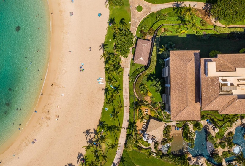 Aerial view showing the beachfront proximity to Lagoon 2 of the Beach Villas at Ko Olina luxury condos.