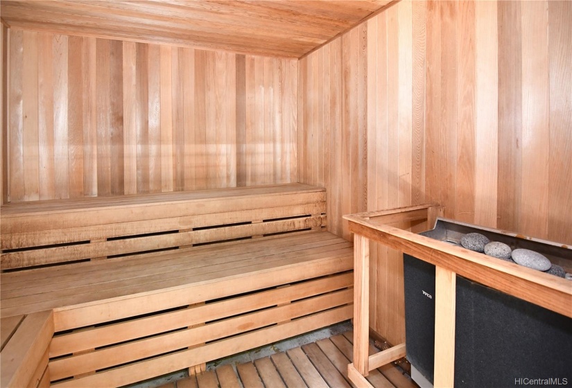 Dry sauna ready to use after a swim in the pool.