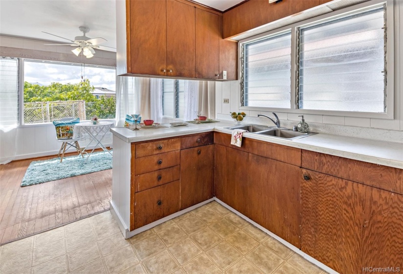 View from Kitchen to Dining area.  Lots of potential for you to custom design!