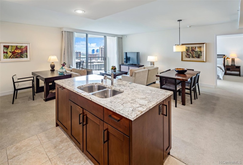 Kitchen with views of the ocean & city beyond