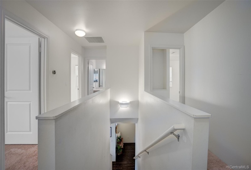 View from the stairs up top. To the left is the two bedrooms and bathroom. To the right is the owner's suite with a huge bonus room.