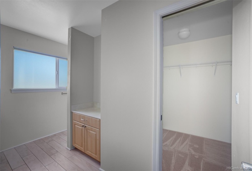 Owner's suite in bathroom featuring a spacious walk in closet to the right.