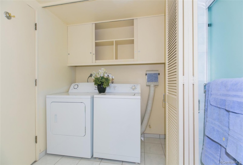 Laundry center is behind bifold doors and vented out of the apartment.