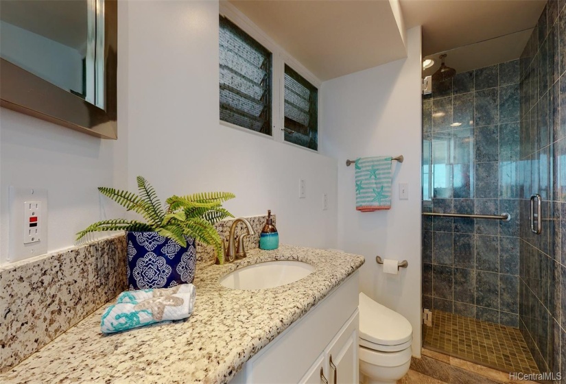 Rejuvenate in the large walk-in rainfall shower, while appreciating the new Toto toilet and granite countertops.