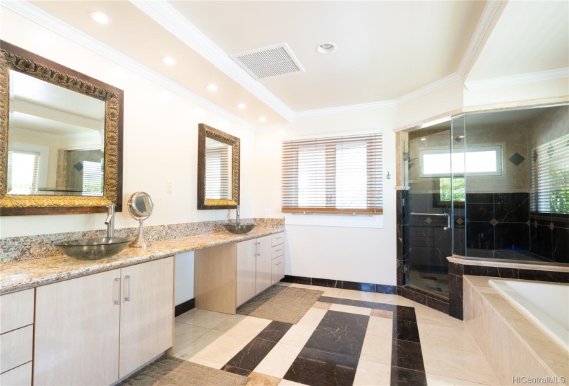 Jacuzzi bath, large standup shower.