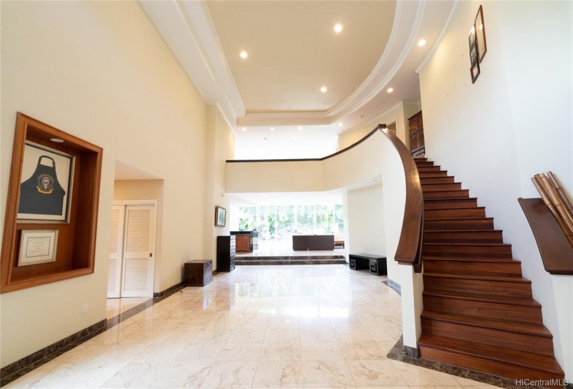 High ceilings, with winding staircase.