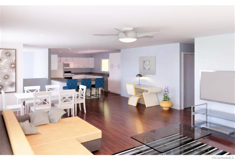 Rendering of upstairs living area facing kitchen.