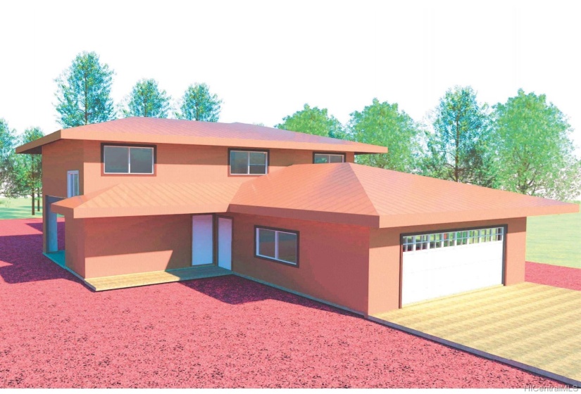 Rendering of front view; colors are not an exact match. Vantage point from storage. Red lava rock landscaping around the house.