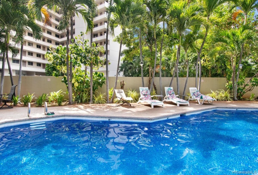 Stunning pool with lushsurrounding foliage.