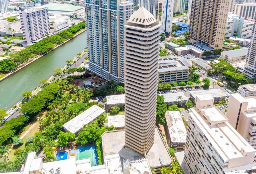 High above the bustling streets of Waikiki.