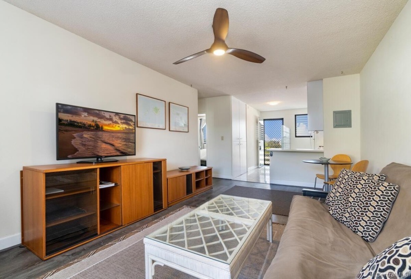 Living room and kitchen in the background