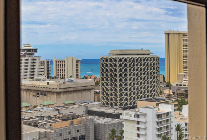 View from living room side window, peek-a-boo ocean view