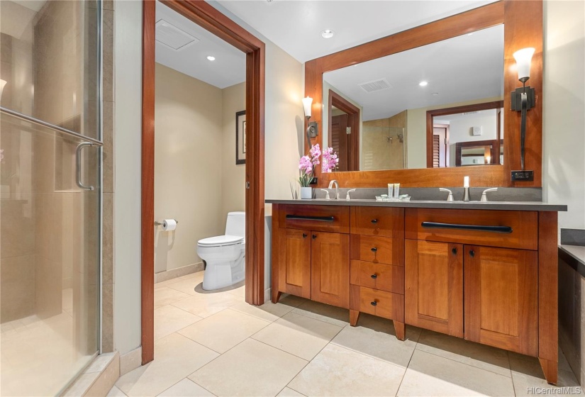 Master bathroom with dual sinks, separate tub/shower, deep soaking tub