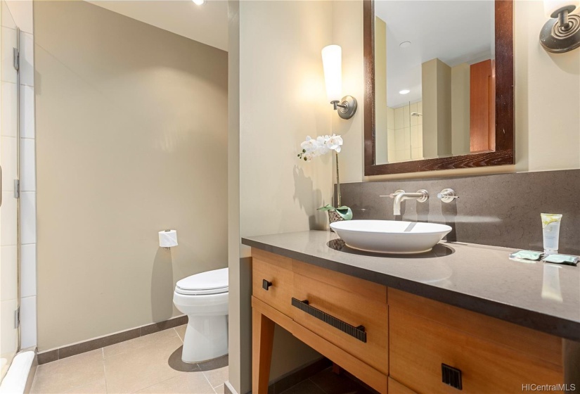 Hallway guest bathroom with shower