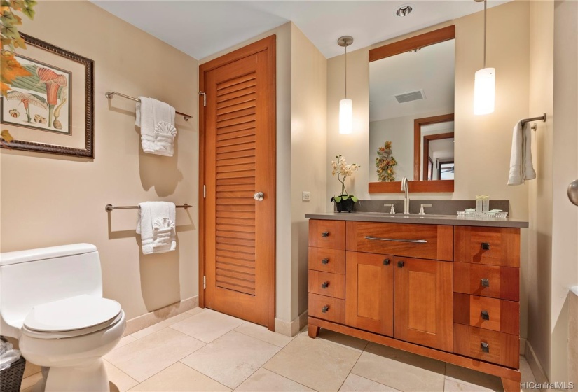 Guest bathroom with locked owner's storage area