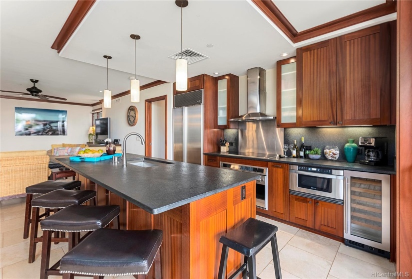 Mahogany cabinetry and trim, stainless steel appliances