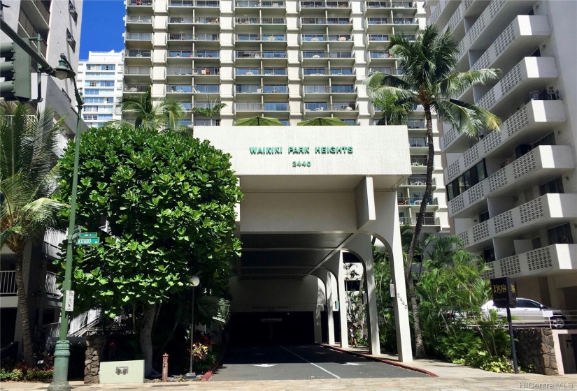 Set back from busy Kuhio Ave, the building has an impressive entry.