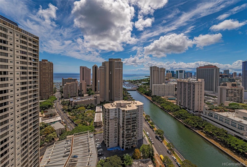 Forever views from the covered patio of this spectacular lanai on the 30th floor. 1717 Ala Moana Blvd- beach.  Imagine going swimming every day and not having to drive.