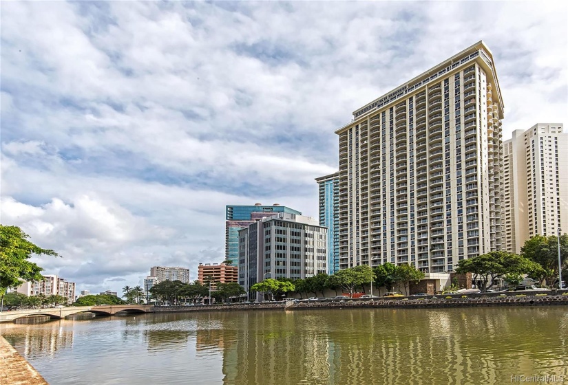 Prime Waikiki Location.  View of 1717 Ala Wai from across the street.  Notice that the top two floors  (floors 30th and 31st) are considered the Penthouses and boasts living area's over 1,400 square ft.