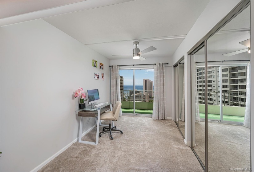 The second bedroom is perfect as a flex room.  Currently, its set up as an office, adjacent to the kitchen with an open floorplan.  The room can easily have a privacy door added to appeal to the new buyer lifestyle and needs.