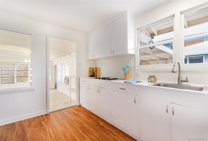 Ample cabinet and counter space.